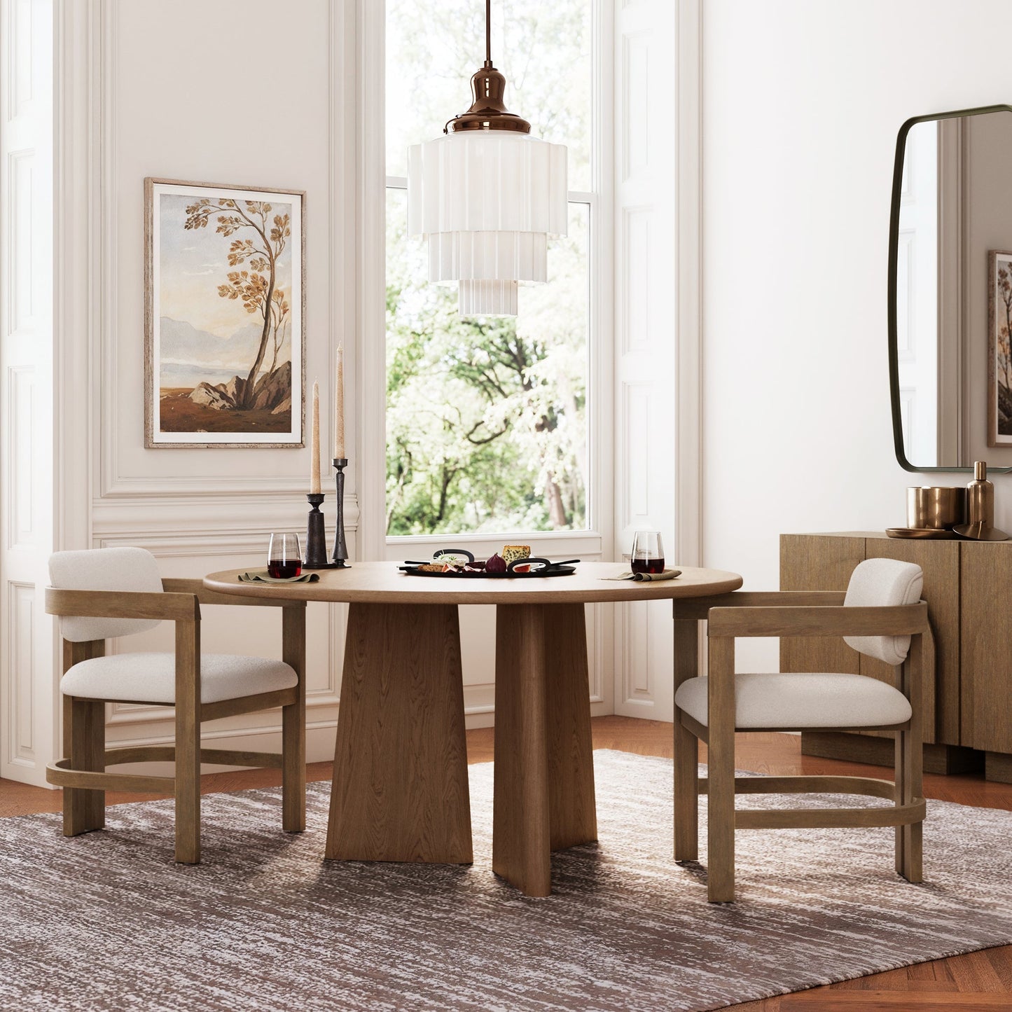 Boucle Barrel Dining Chair w/ Curved Back and Arm Light Brown