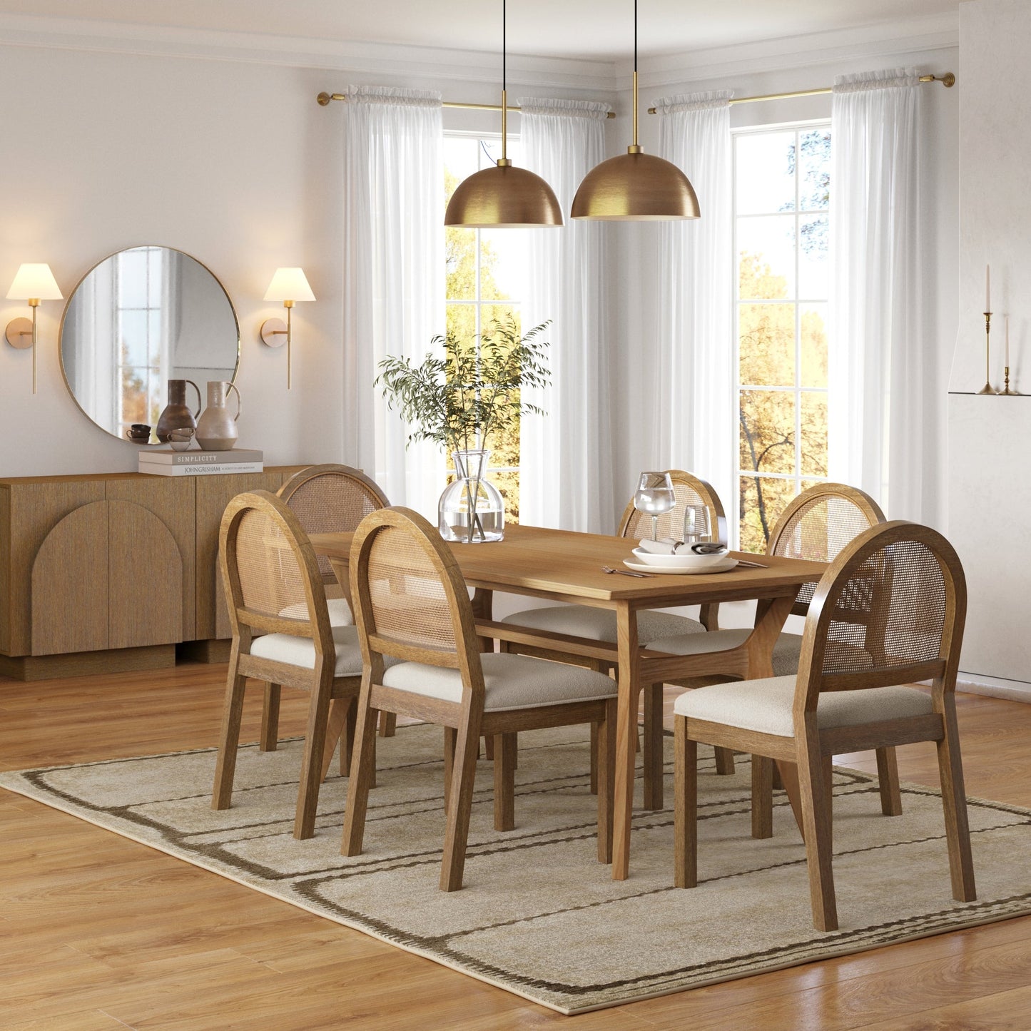 Boucle & Rattan Dining Chair Light Brown
