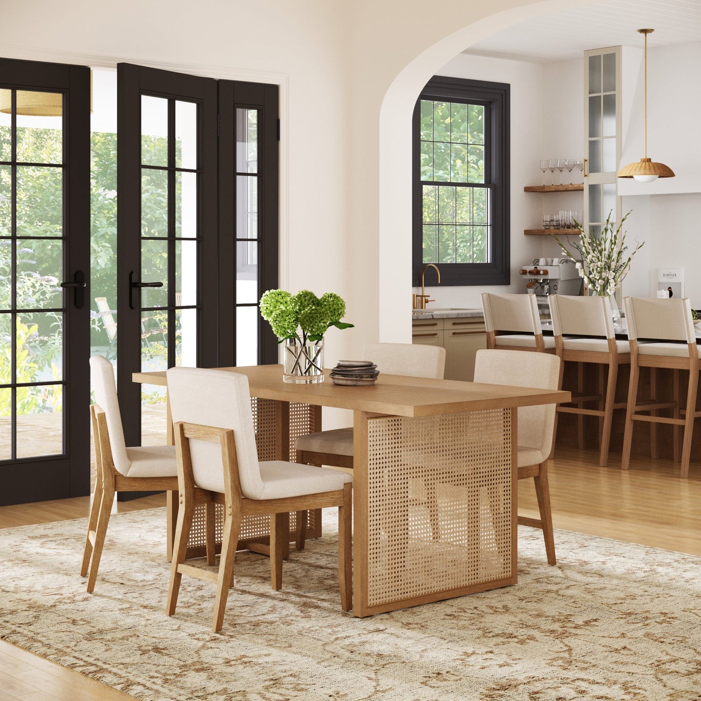 Rattan Boho Dining Set w/ Upholstered Dining Chairs (Set of 4)