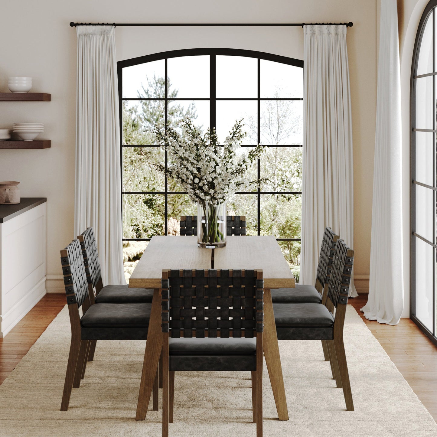 Mid Century Faux Leather Dining Set Black (6 Chairs)
