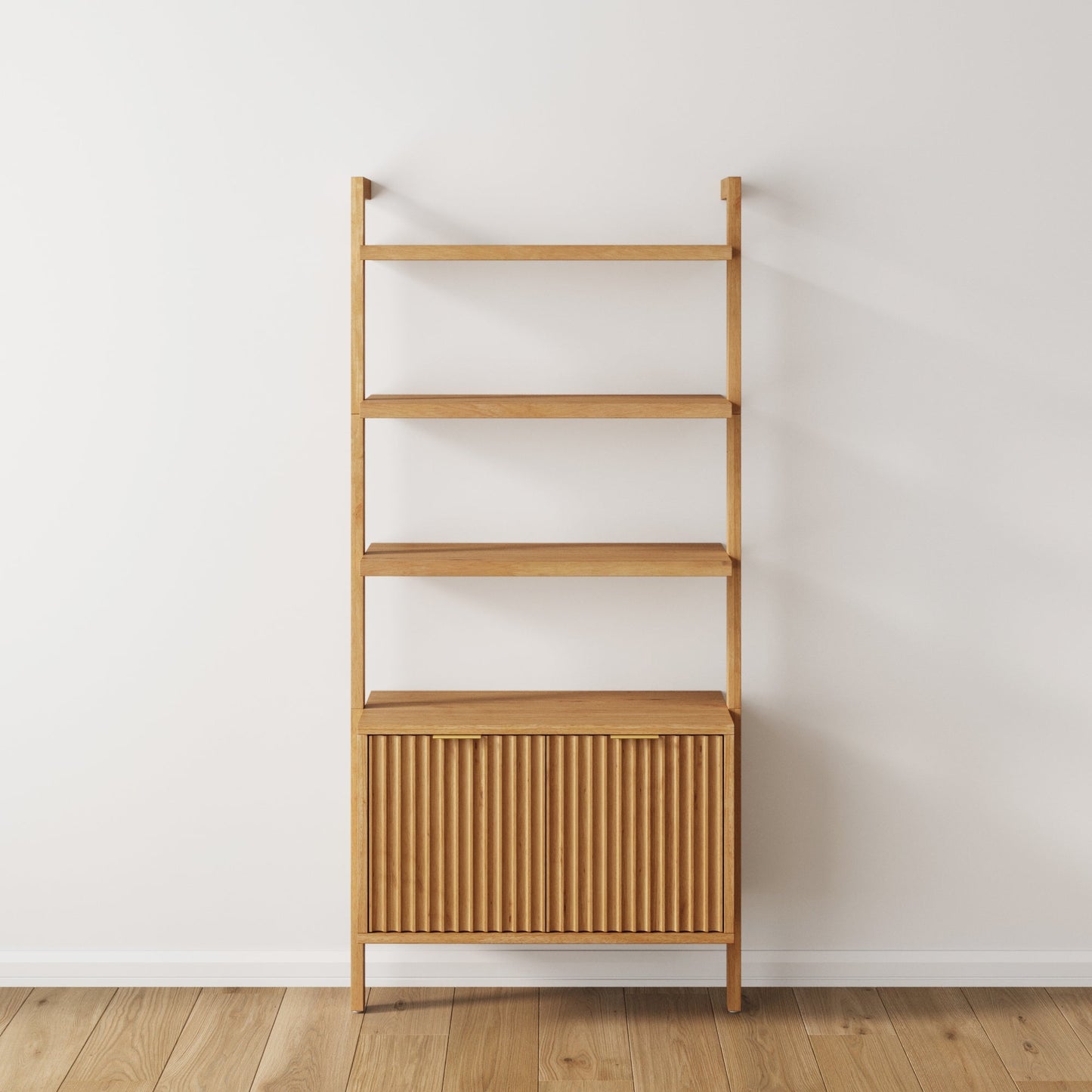 Mid-Century Fluted Wall Bookshelf with Doors Warm Pine