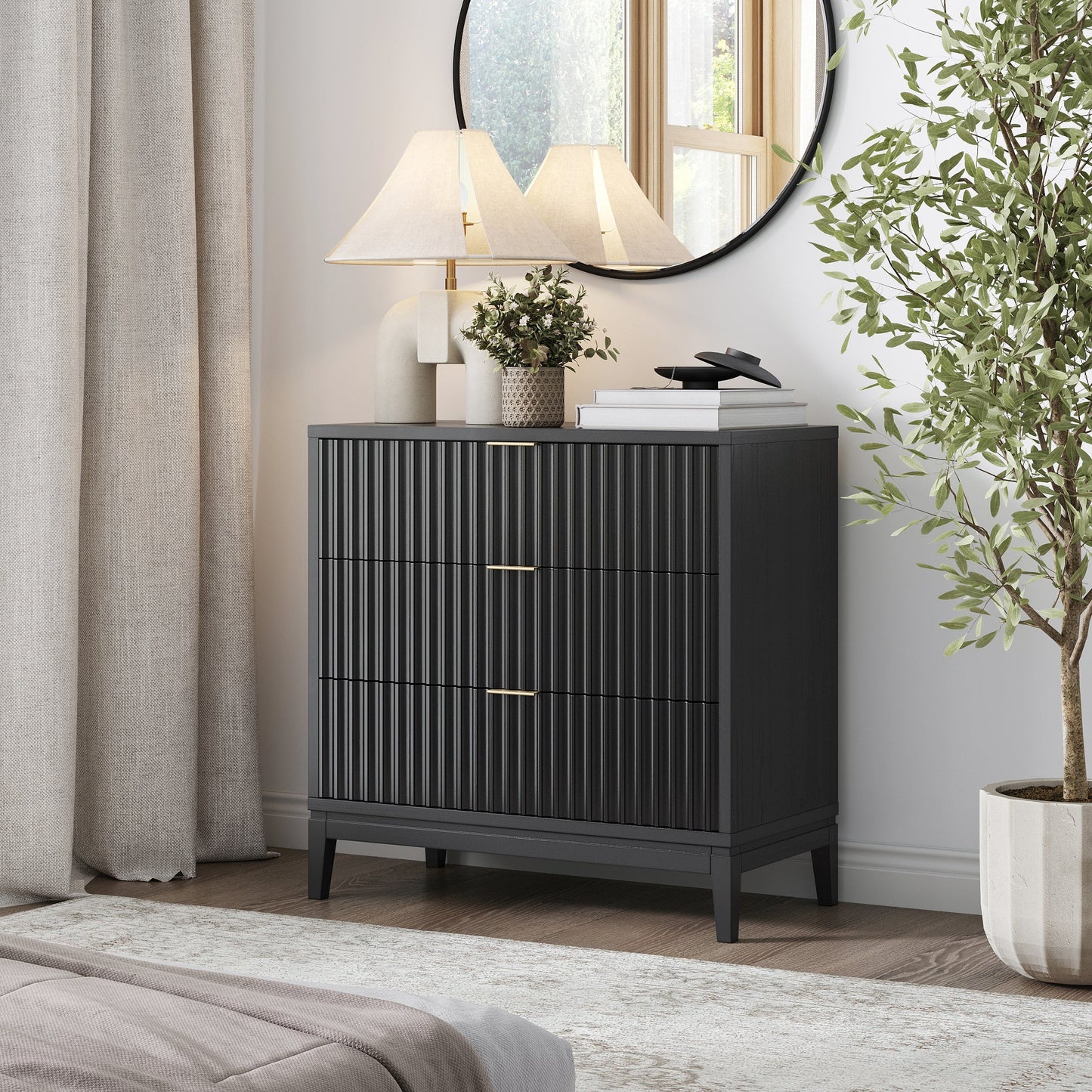 Mid-Century Fluted 3-Drawer Dresser Black Oak