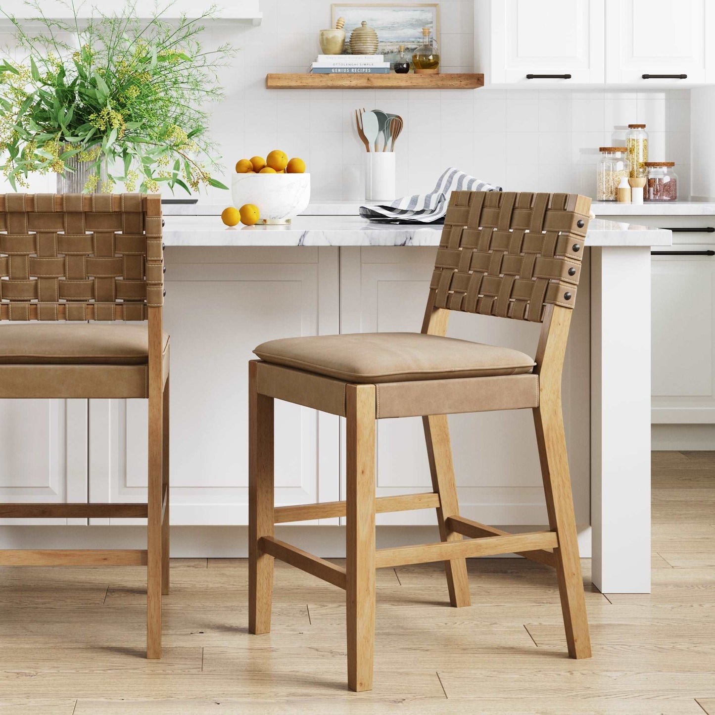 Faux Leather Woven Counter Height Bar Stool Brown