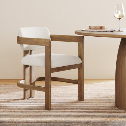 Boucle Barrel Dining Chair w/ Curved Back and Arm Light Brown