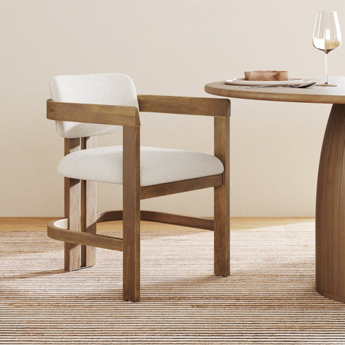 Boucle Barrel Dining Chair w/ Curved Back and Arm Light Brown