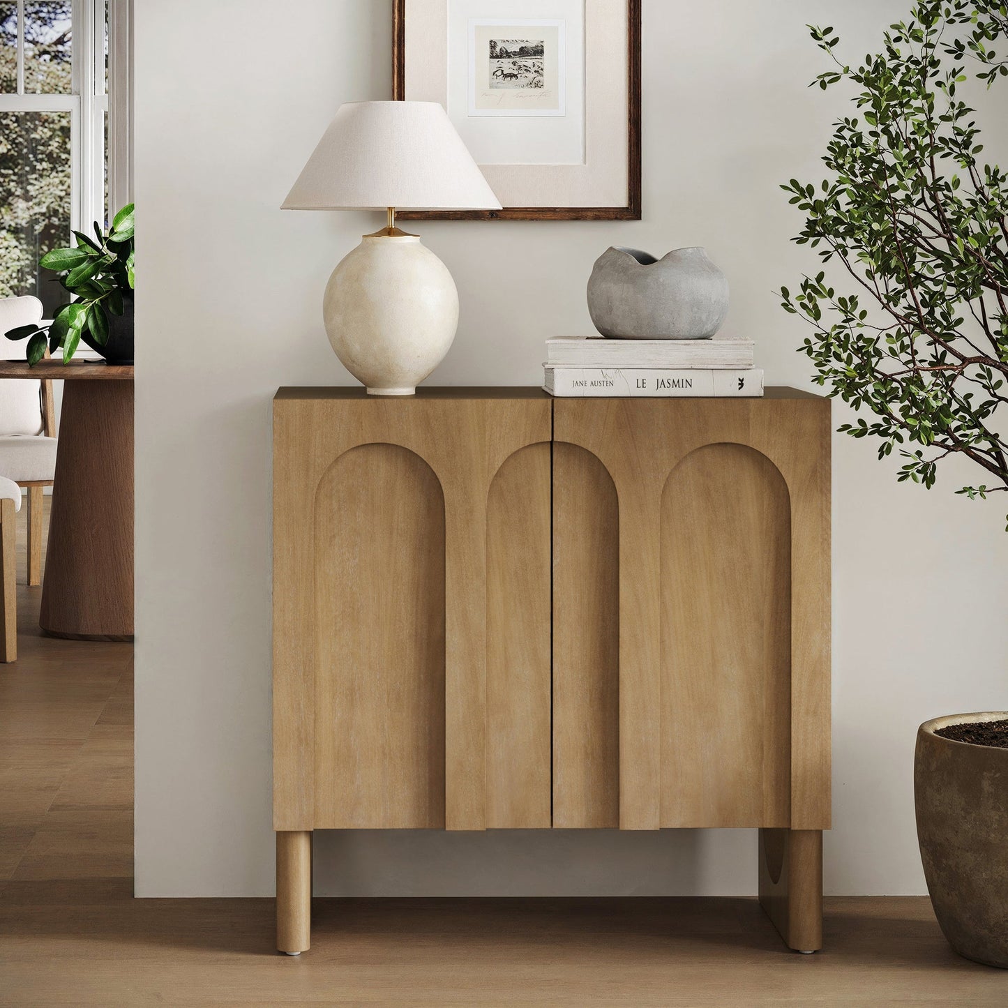 Wood Storage Cabinet with Arched Doors Light Brown
