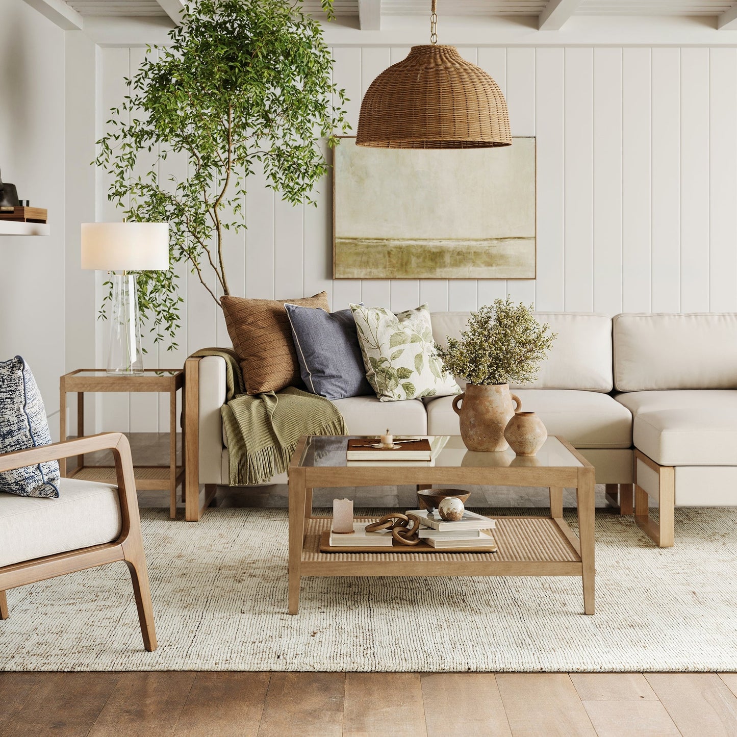 Square Glass & Rattan Coffee Table with Solid Wood Legs