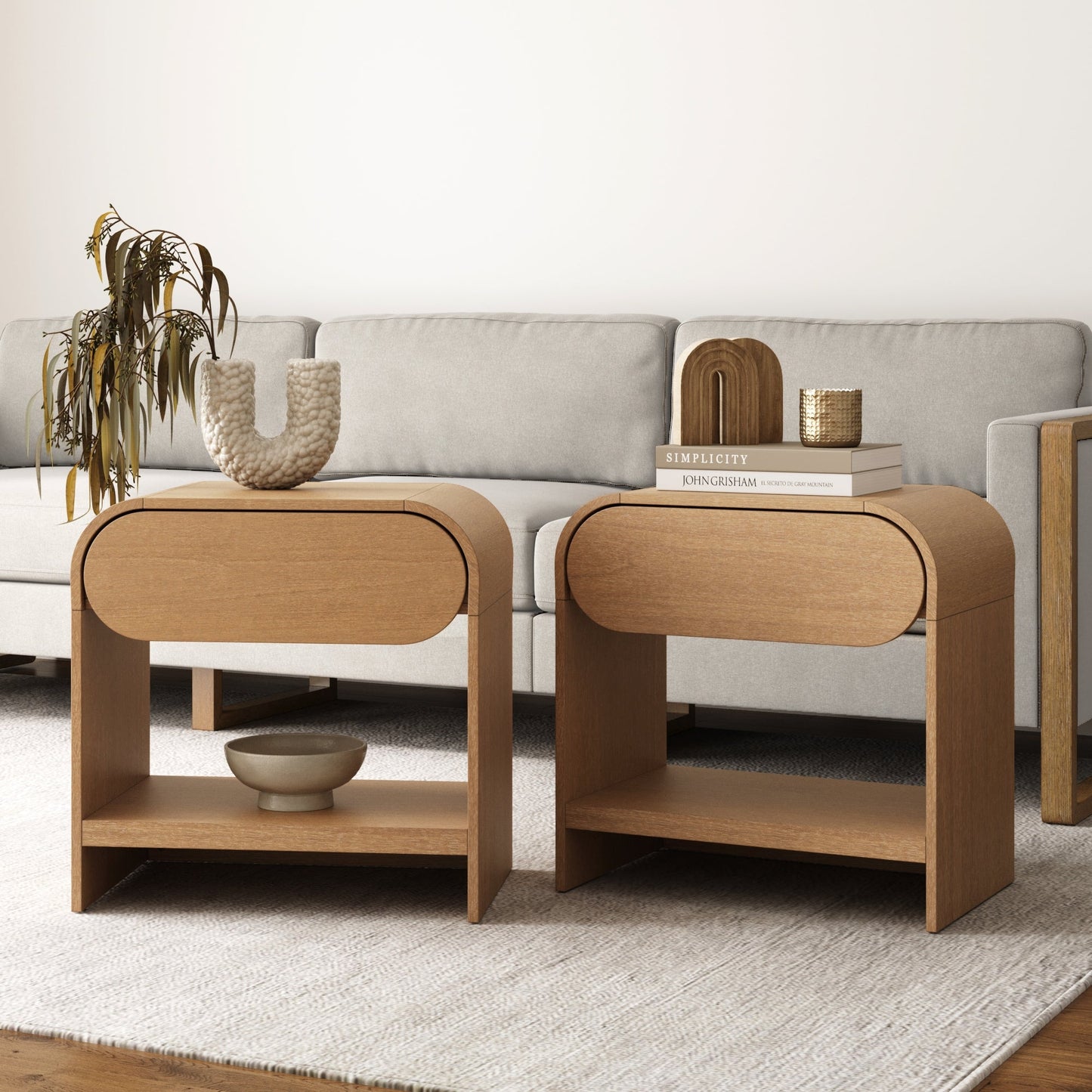 Mid-Century Wood Arched Nightstands Warm Oak (Set of 2)