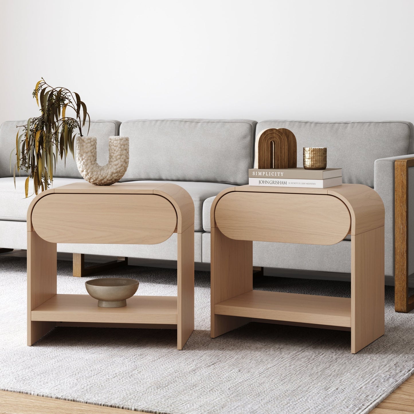 Mid-Century Wood Arched Nightstand Pale Oak (Set of 2)