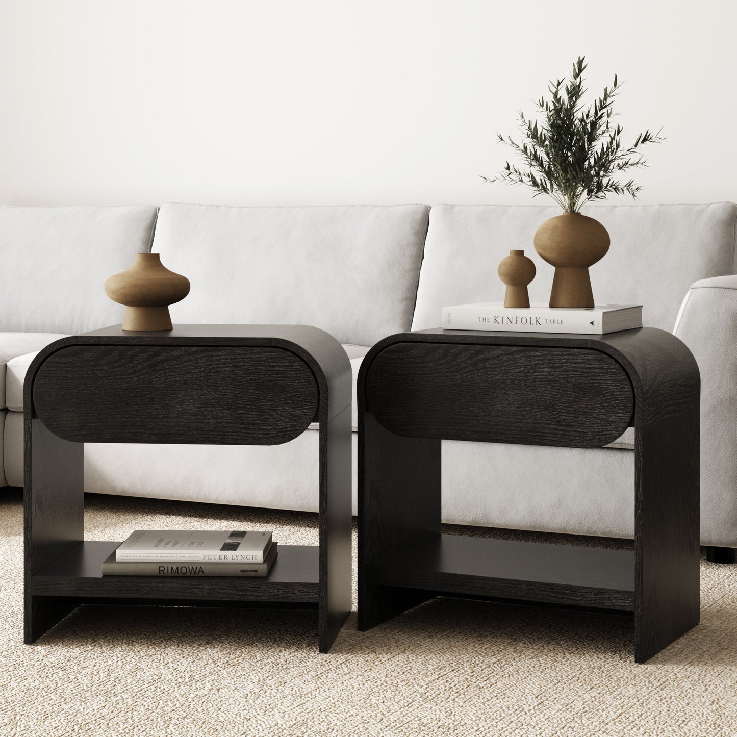 Mid-Century Wood Arched Nightstand Black Oak (Set of 2)