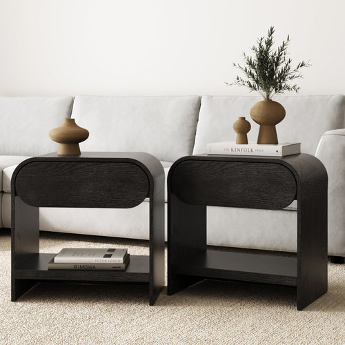 Mid-Century Wood Arched Nightstand Black Oak (Set of 2)
