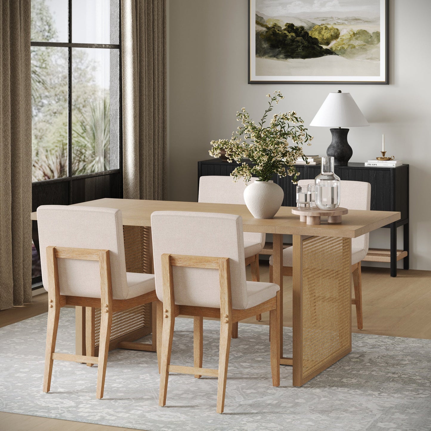 Rattan Boho Dining Set w/ Upholstered Dining Chairs (Set of 4)