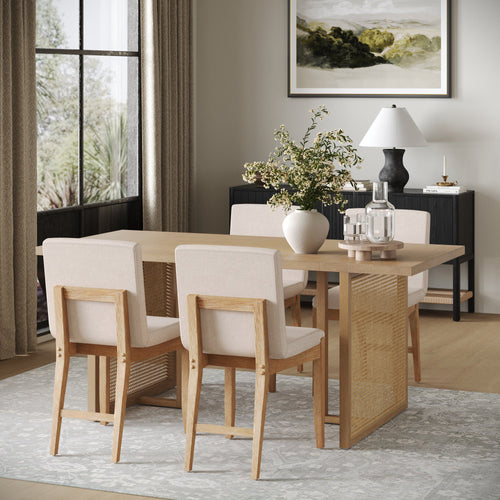 Rattan Boho Dining Set w/ Upholstered Dining Chairs (Set of 4)