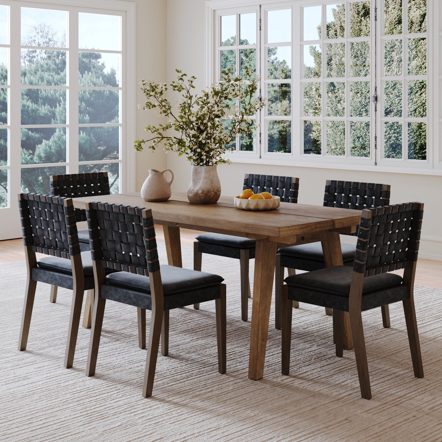 Mid Century Faux Leather Dining Set Black (6 Chairs)