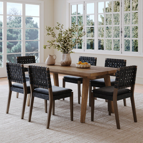 Mid Century Faux Leather Dining Set Black (6 Chairs)