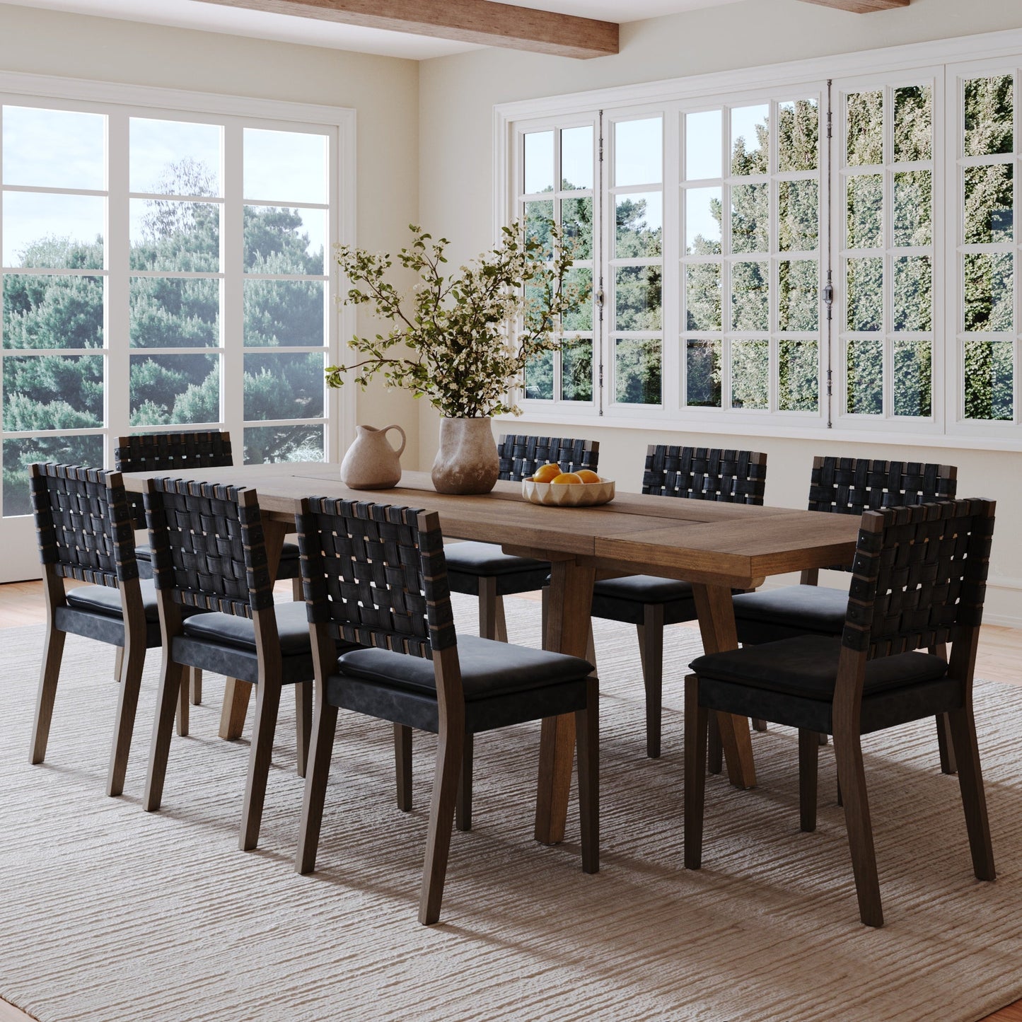 Extendable Woven Faux Leather Dining Set Black (8 Chairs)