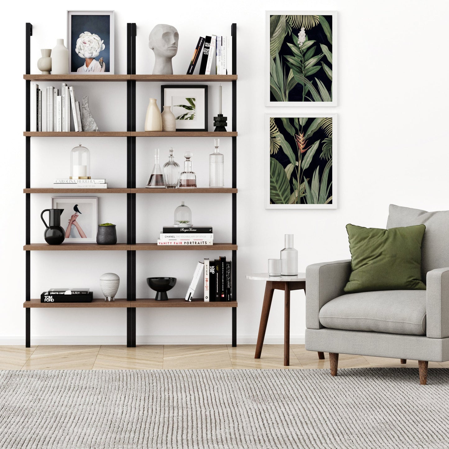 5-Shelf Ladder Bookshelf Oak Matte Black
