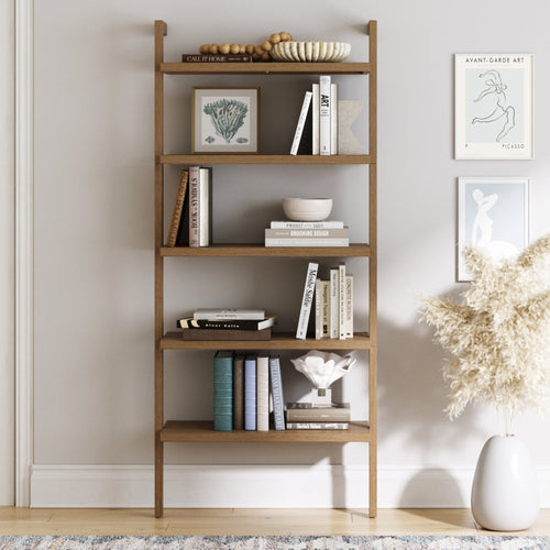 Wood 5-Shelf Ladder Wall Bookshelf Light Brown