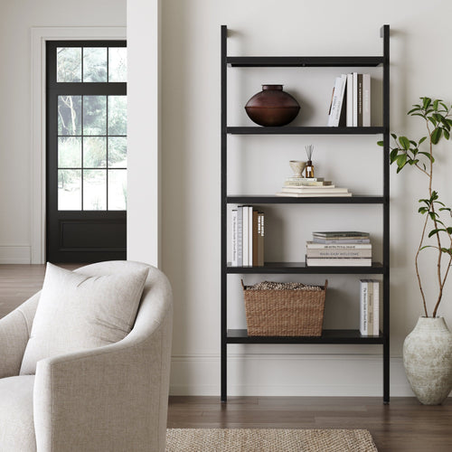 Wood 5 Tier Wall Mounted Bookshelf Black Oak