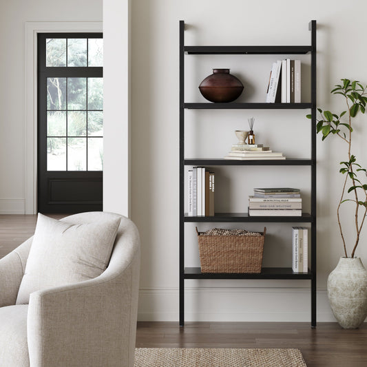 Wood 5 Tier Wall Mounted Bookshelf Black Oak