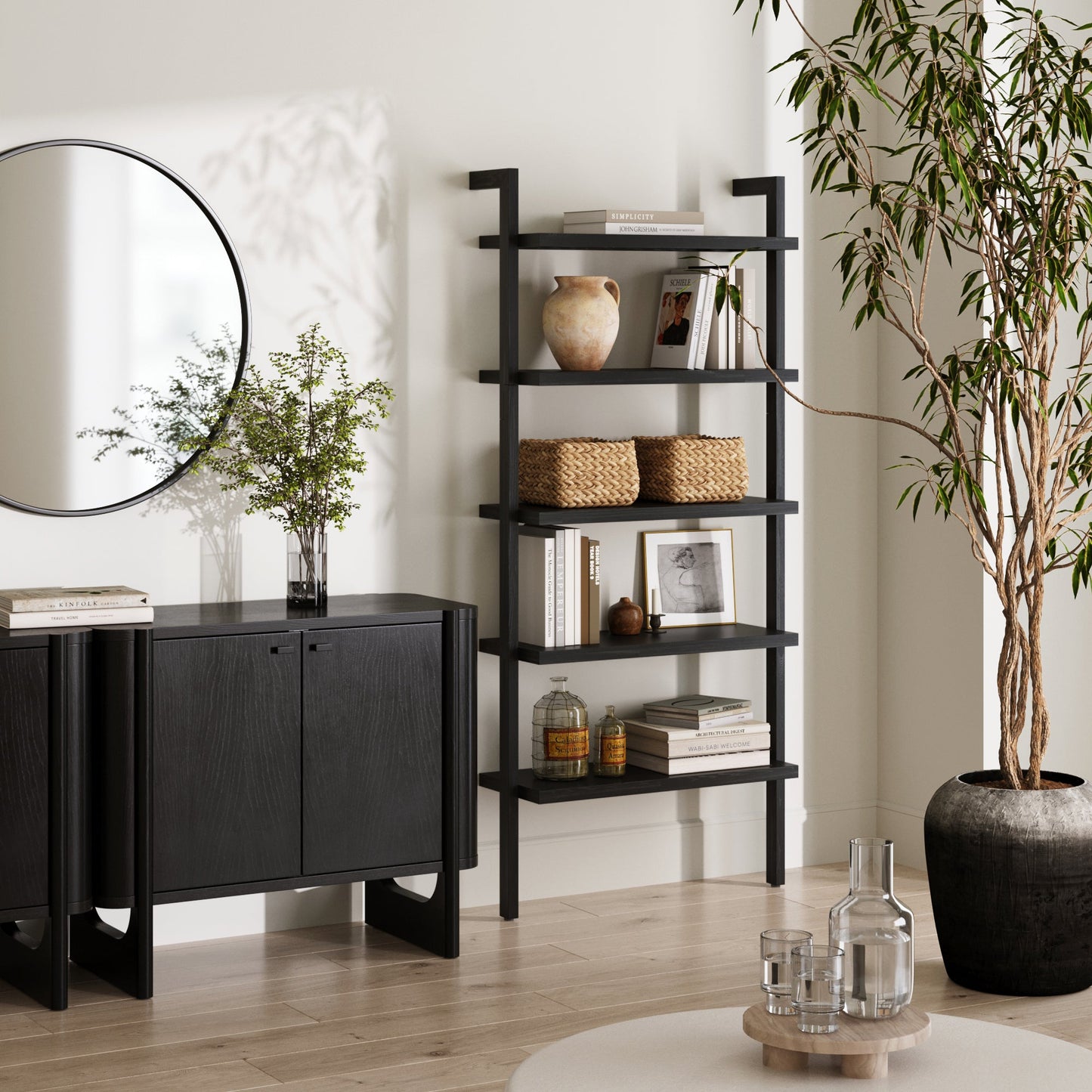 Wood 5 Tier Wall Mounted Bookshelf Black Oak