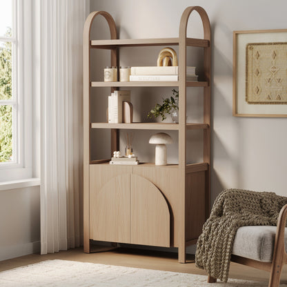 Mid-Century Arched Door Bookshelf with Doors Raw Oak