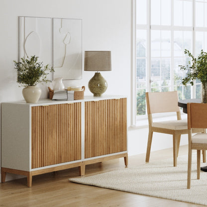 Mid-Century Fluted Storage Cabinet Warm White Warm Pine