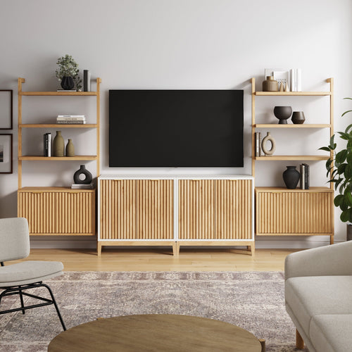 Mid-Century Entertainment Center Light Brown Warm White (2 Cabinets)