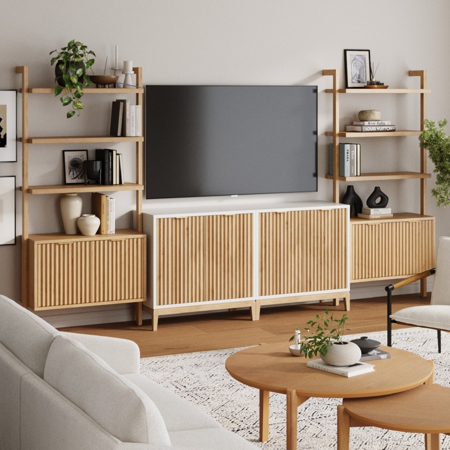 Mid-Century Entertainment Center Light Brown Warm White (2 Cabinets)