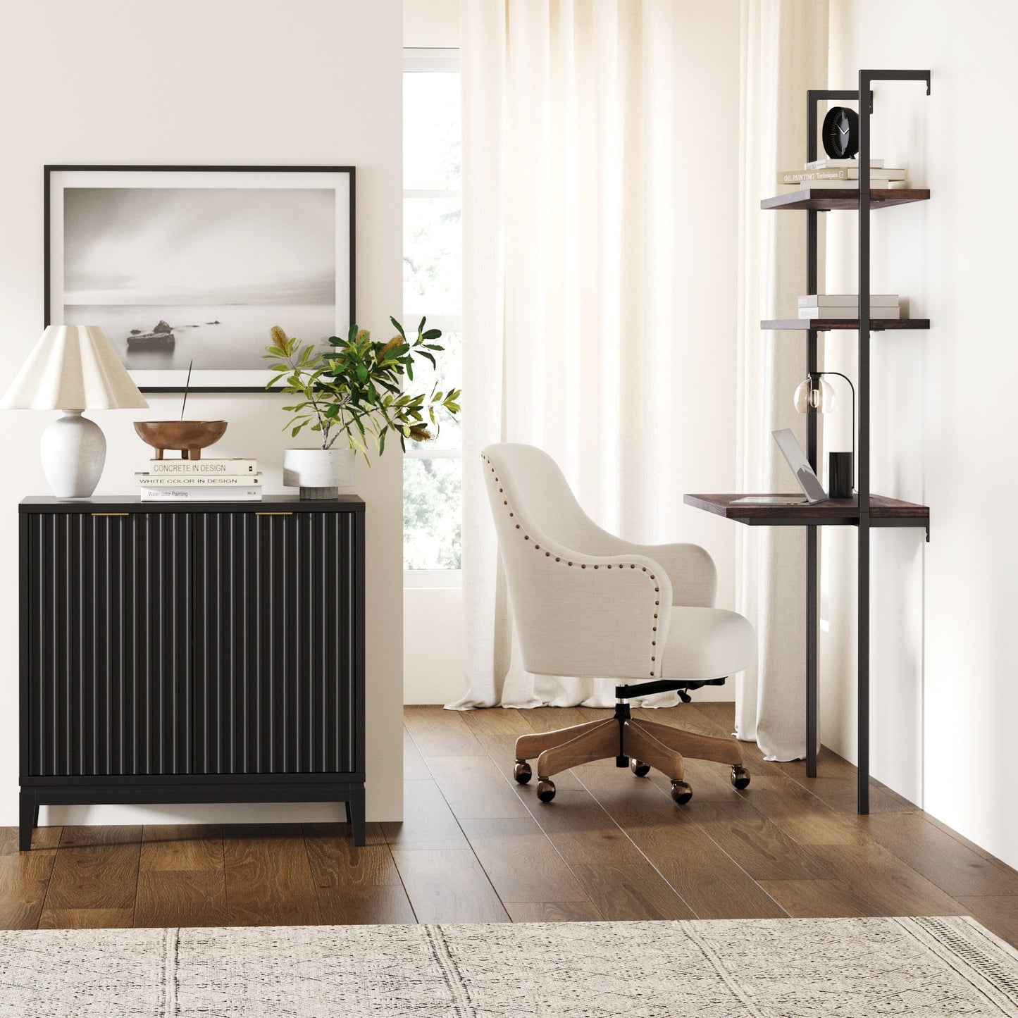 Mid-Century Fluted Storage Cabinet Black Oak