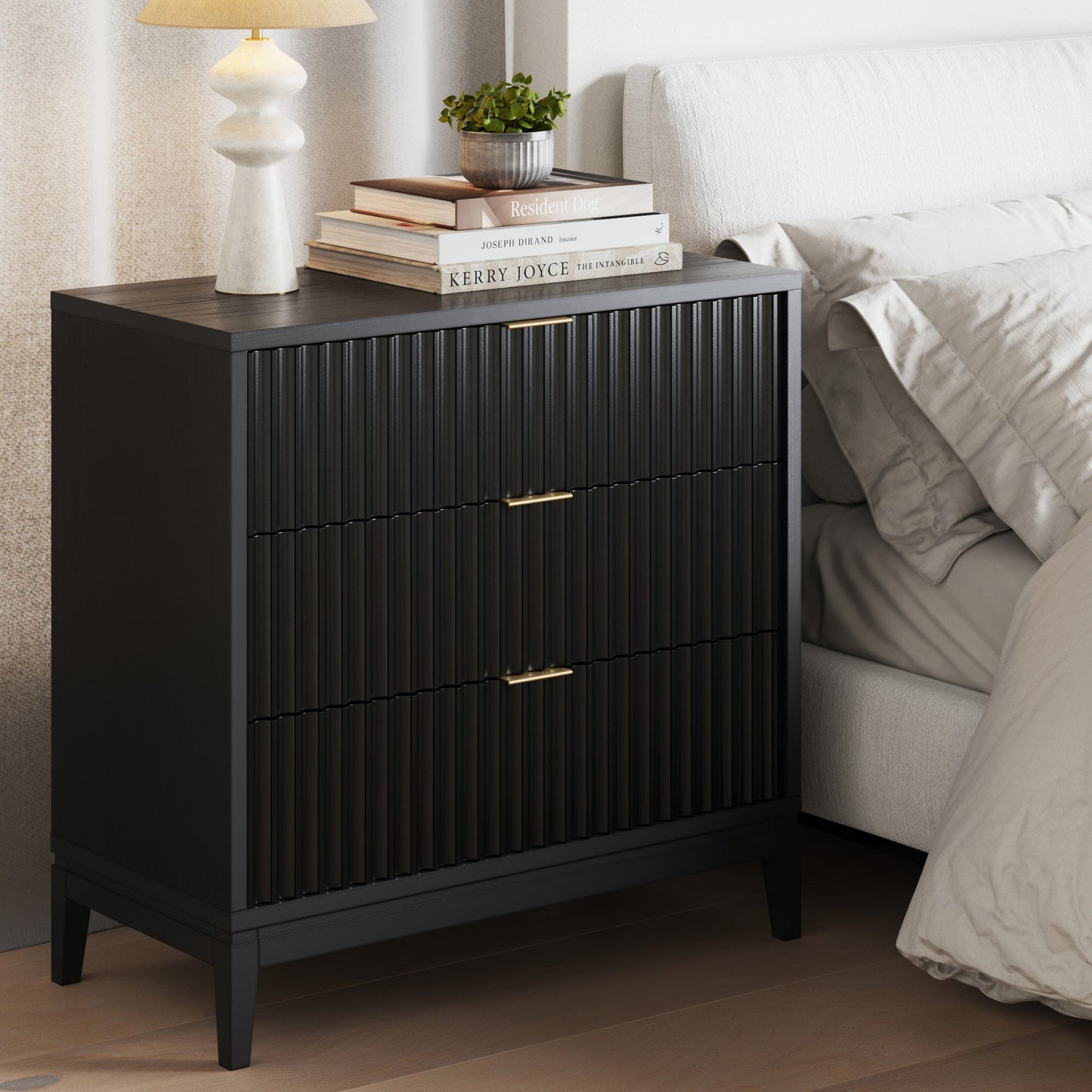 Mid-Century Fluted 3-Drawer Dresser Black Oak