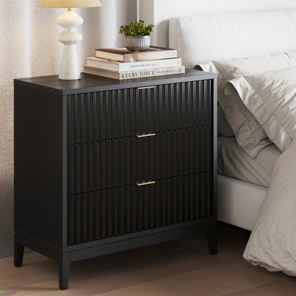 Mid-Century Fluted 3-Drawer Dresser Black Oak