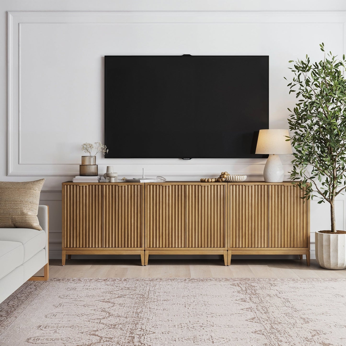 Mid-Century Fluted TV Console for 75-85" TVs Light Brown
