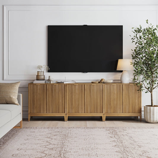 Mid-Century Fluted TV Console for 75-85" TVs Light Brown