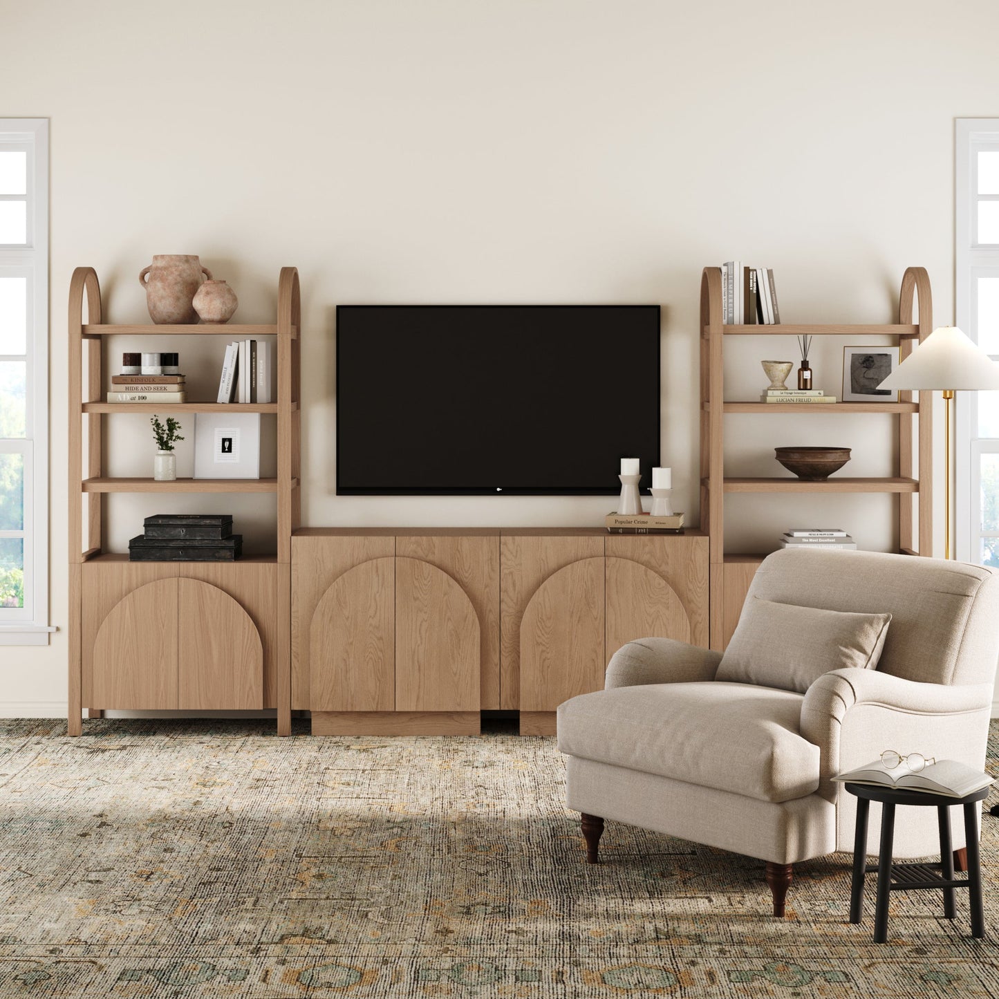 Mid-Century Modern Arched Wood Entertainment Center Oak (2 Cabinets)