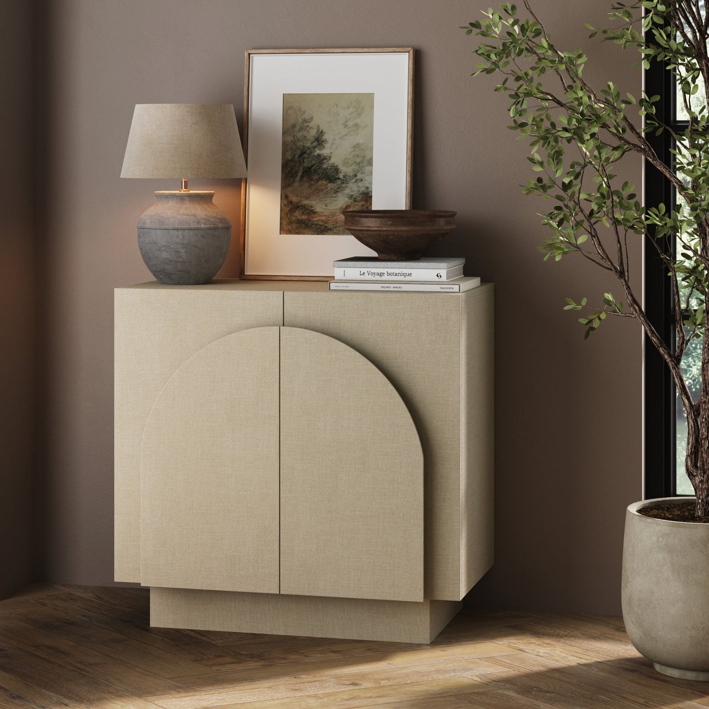 Arched Fabric Wrapped Storage Cabinet Beige Linen