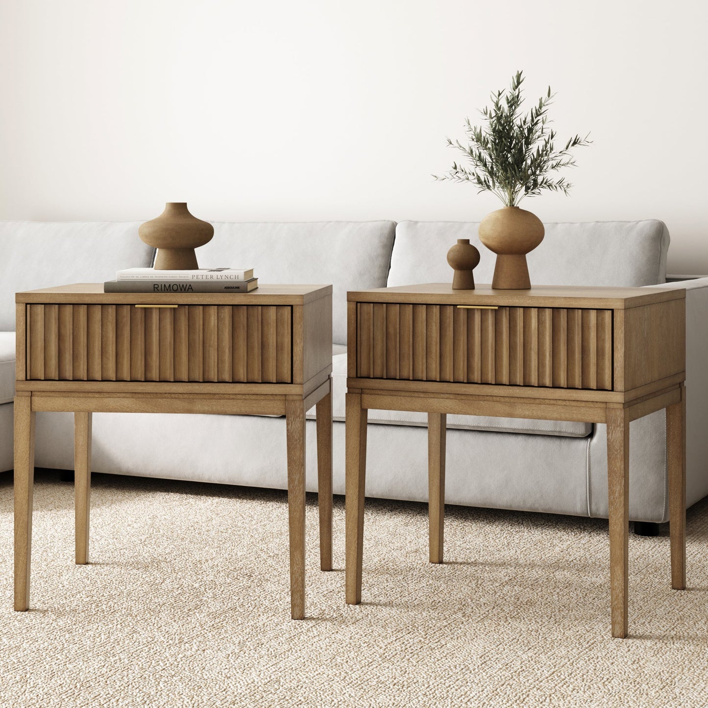 Bohemian Solid Wood Nightstand Set of 2 with Drawer Light Brown