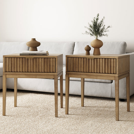 Bohemian Solid Wood Nightstand Set of 2 with Drawer Light Brown
